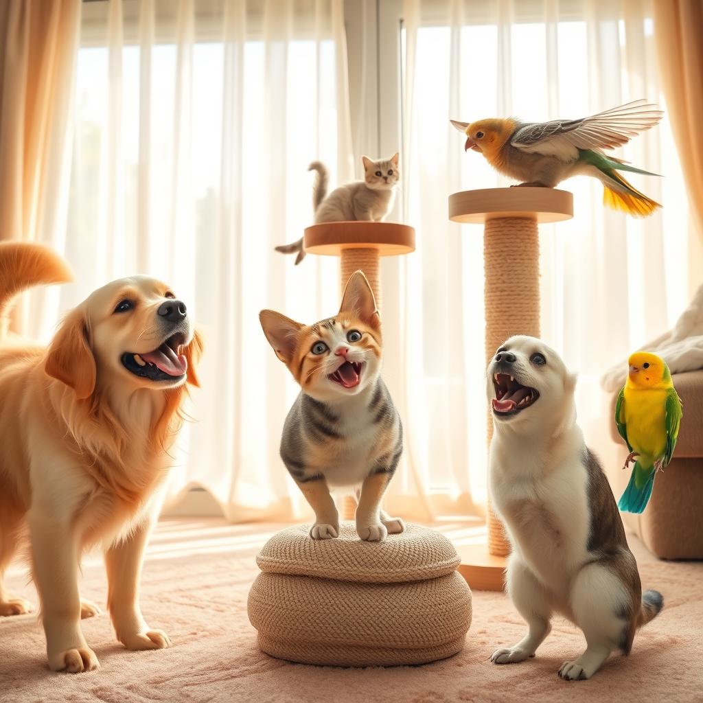 A heartwarming scene featuring a variety of happy pets, including a playful golden retriever, a curious tabby cat, and a cheerful parakeet