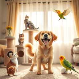 A heartwarming scene featuring a variety of happy pets, including a playful golden retriever, a curious tabby cat, and a cheerful parakeet
