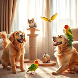 A heartwarming scene featuring a variety of happy pets, including a playful golden retriever, a curious tabby cat, and a cheerful parakeet