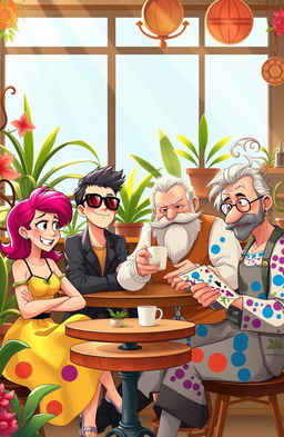 An artistic representation of different characters engaging in dynamic interactions