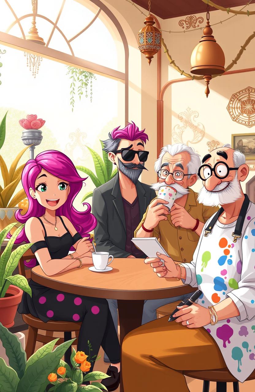 An artistic representation of different characters engaging in dynamic interactions