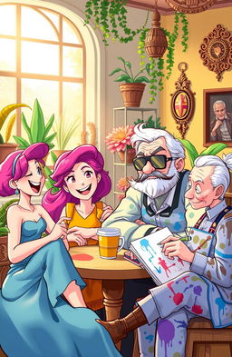 An artistic representation of different characters engaging in dynamic interactions