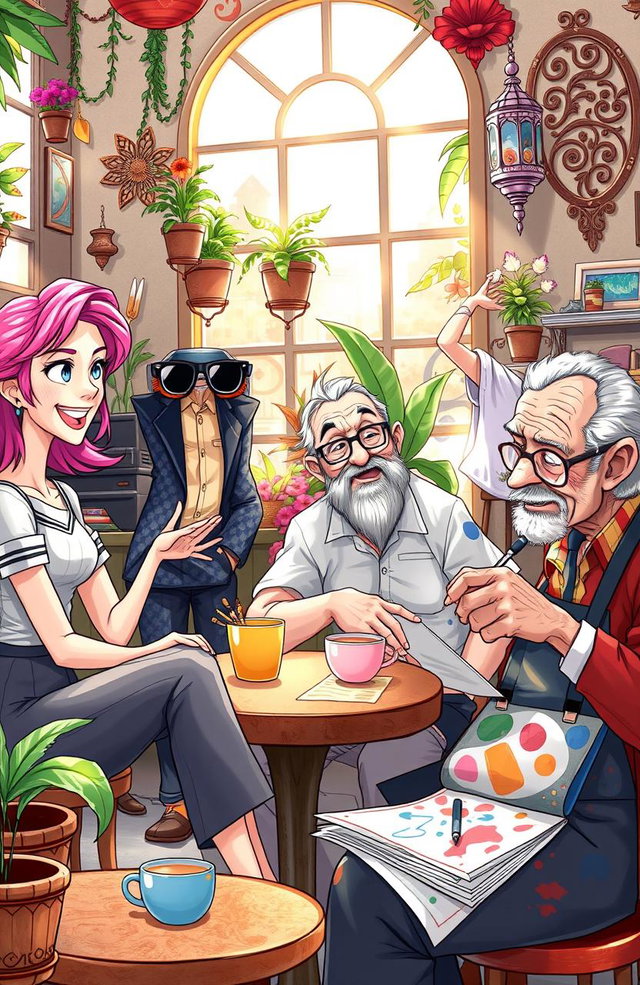 An artistic representation of different characters engaging in dynamic interactions