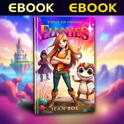 A captivating eBook cover design featuring characters engaged in dynamic interactions, set in a vibrant and imaginative world