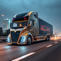 A futuristic longnose semi truck, showcasing an aerodynamic design with sharp curves and sleek lines, captured in ultra-detailed realism