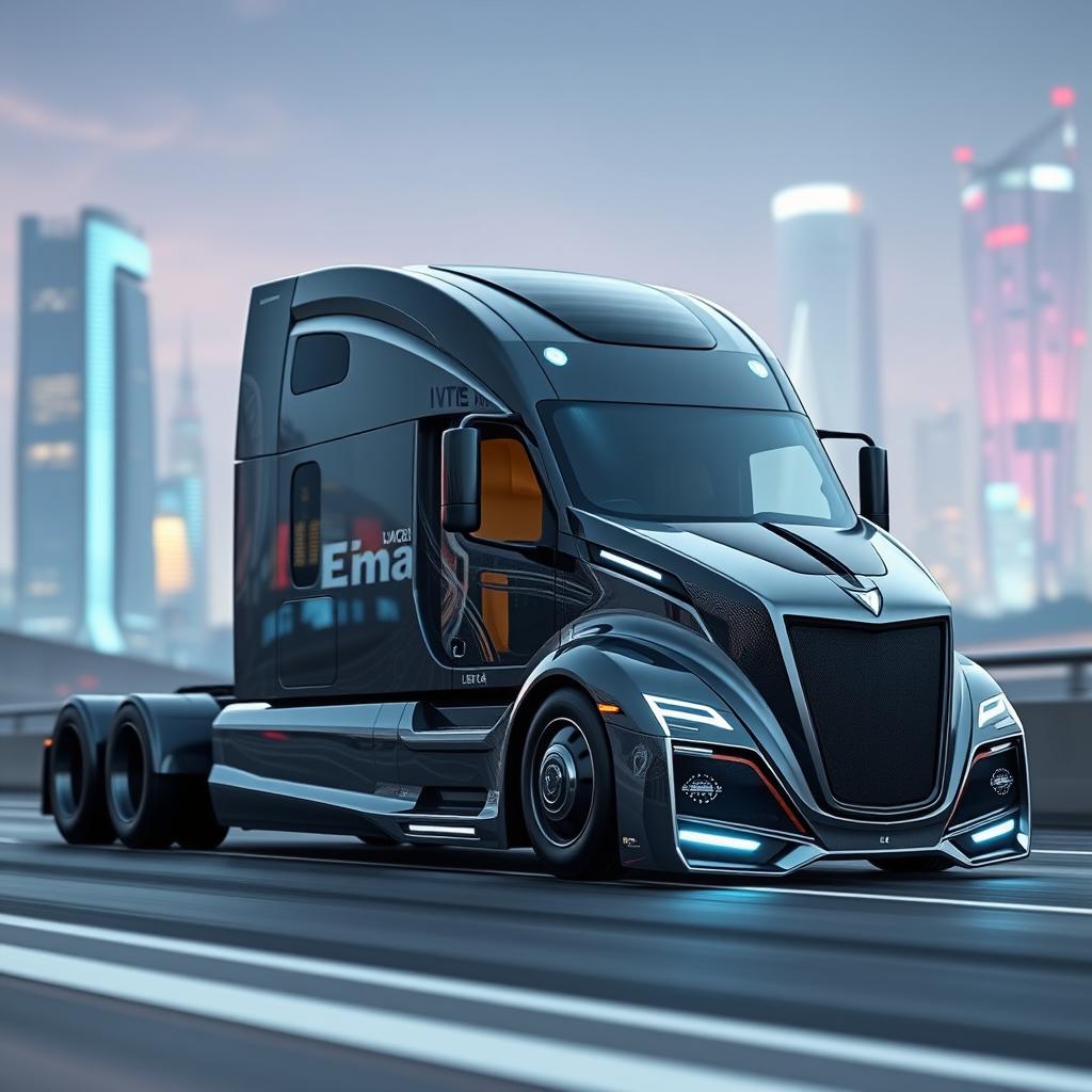 A futuristic longnose semi truck, showcasing an aerodynamic design with sharp curves and sleek lines, captured in ultra-detailed realism