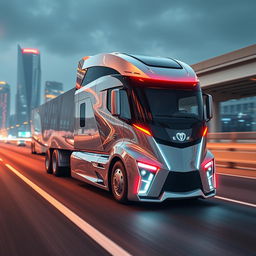 A futuristic longnose semi truck, showcasing an aerodynamic design with sharp curves and sleek lines, captured in ultra-detailed realism