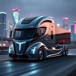 A futuristic longnose semi truck, showcasing an aerodynamic design with sharp curves and sleek lines, captured in ultra-detailed realism
