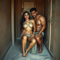 A full-length intimate photo shoot in a rustic, unkempt beach toilet showcasing a stunning 22-year-old Arab woman in a transparent wet microskirt, playfully covered in dirt, highlighting her sexy boobs, hot navel, and seductive thighs
