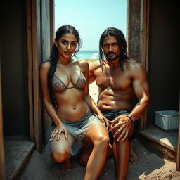 A full-length intimate photo shoot in a rustic, unkempt beach toilet showcasing a stunning 22-year-old Arab woman in a transparent wet microskirt, playfully covered in dirt, highlighting her sexy boobs, hot navel, and seductive thighs