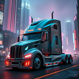 A futuristic longnose semi truck designed in a cyberpunk style, featuring neon accents, glowing undercarriage lights, and intricate paneling with high-tech surfaces