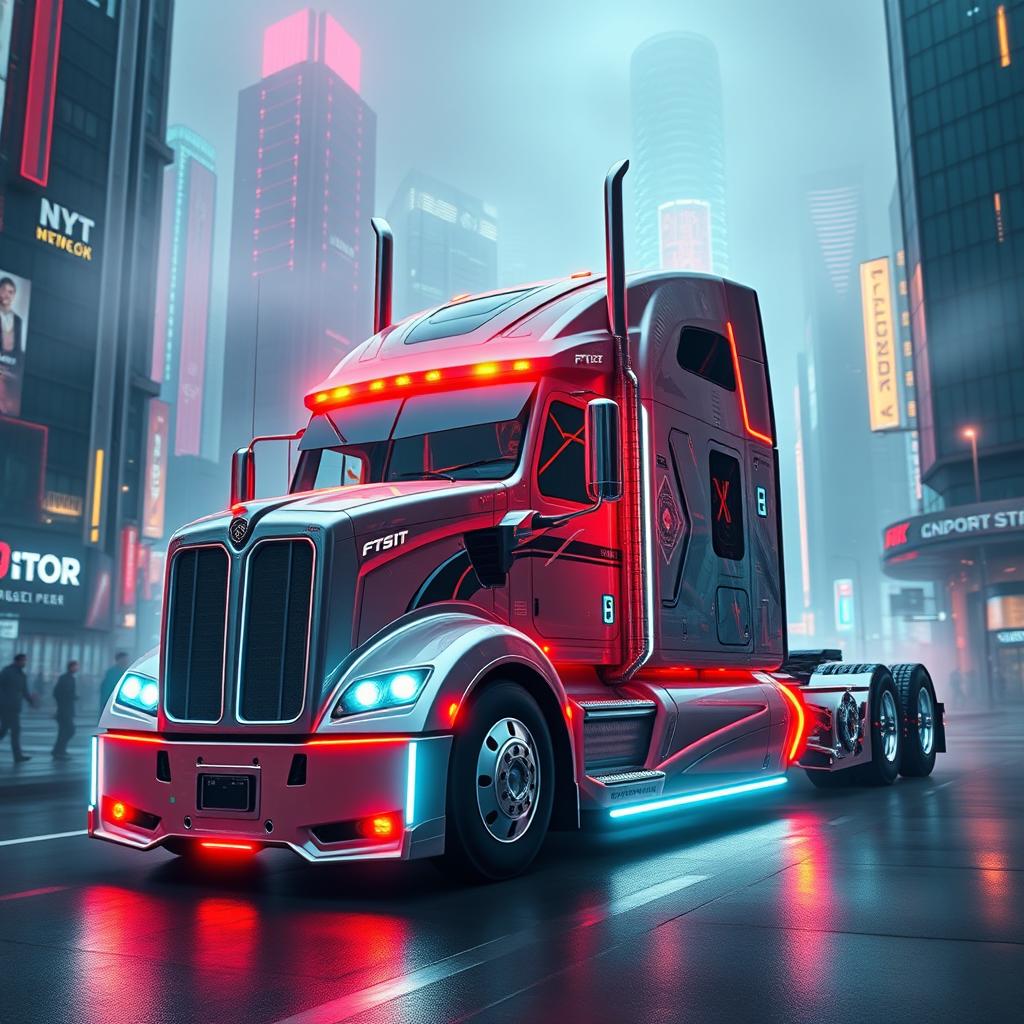 A futuristic longnose semi truck designed in a cyberpunk style, featuring neon accents, glowing undercarriage lights, and intricate paneling with high-tech surfaces