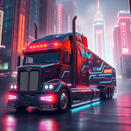 A futuristic longnose semi truck designed in a cyberpunk style, featuring neon accents, glowing undercarriage lights, and intricate paneling with high-tech surfaces