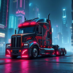 A futuristic longnose semi truck designed in a cyberpunk style, featuring neon accents, glowing undercarriage lights, and intricate paneling with high-tech surfaces