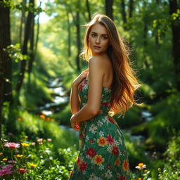 A serene scene featuring a stunning woman with long flowing hair wearing a vibrant floral dress, standing gracefully amidst a lush green forest