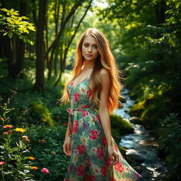A serene scene featuring a stunning woman with long flowing hair wearing a vibrant floral dress, standing gracefully amidst a lush green forest