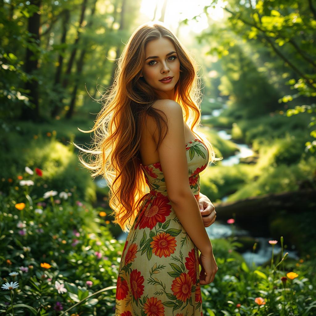 A serene scene featuring a stunning woman with long flowing hair wearing a vibrant floral dress, standing gracefully amidst a lush green forest