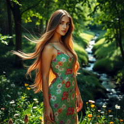 A serene scene featuring a stunning woman with long flowing hair wearing a vibrant floral dress, standing gracefully amidst a lush green forest
