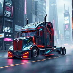 A futuristic longnose semi truck designed in an intricate cyberpunk style, featuring sharp angles, glowing neon accents, and holographic displays integrated into the body