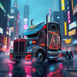 A futuristic longnose semi truck designed in an intricate cyberpunk style, featuring sharp angles, glowing neon accents, and holographic displays integrated into the body