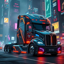 A futuristic longnose semi truck designed in an intricate cyberpunk style, featuring sharp angles, glowing neon accents, and holographic displays integrated into the body