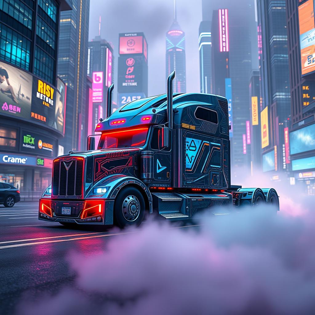 A futuristic longnose semi truck designed in an intricate cyberpunk style, featuring sharp angles, glowing neon accents, and holographic displays integrated into the body