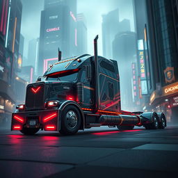 A futuristic longnose semi truck designed in an elaborate cyberpunk style, featuring sharp edges, neon accents, and illuminated displays along its body