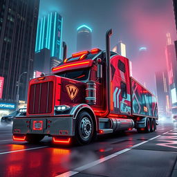 A futuristic longnose semi truck designed in an elaborate cyberpunk style, featuring sharp edges, neon accents, and illuminated displays along its body