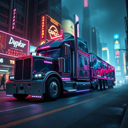A futuristic longnose semi truck designed in an elaborate cyberpunk style, featuring sharp edges, neon accents, and illuminated displays along its body