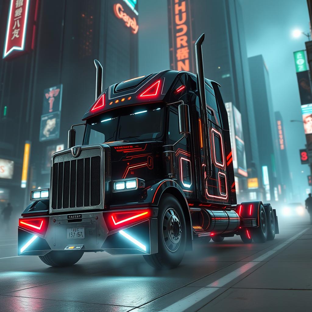 A futuristic longnose semi truck designed in an elaborate cyberpunk style, featuring sharp edges, neon accents, and illuminated displays along its body