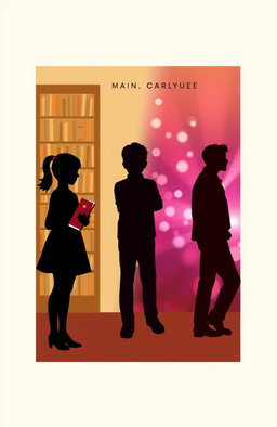 A book cover featuring a clean, modern layout showcasing three silhouettes representing main characters: a girl holding a book, one boy standing confidently with arms crossed, and another boy leaning away with a distant expression