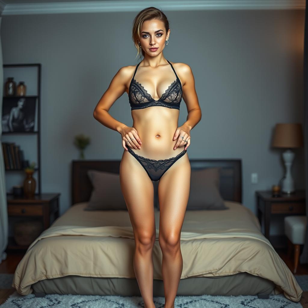 A sexy woman standing confidently with her legs apart in a bedroom setting, showcasing a full-body view