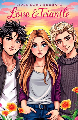 A vibrant and captivating cover design for a young adult fictional novel, featuring a teenage girl caught in a love triangle between two brothers