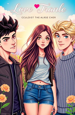 A vibrant and captivating cover design for a young adult fictional novel, featuring a teenage girl caught in a love triangle between two brothers
