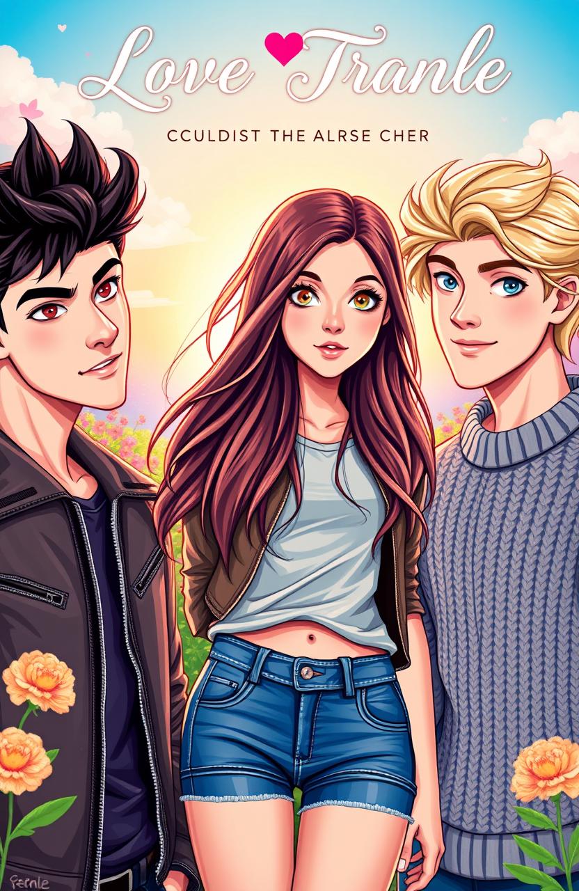 A vibrant and captivating cover design for a young adult fictional novel, featuring a teenage girl caught in a love triangle between two brothers