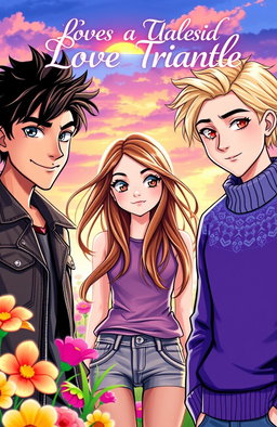 A vibrant and captivating cover design for a young adult fictional novel, featuring a teenage girl caught in a love triangle between two brothers