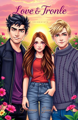 A vibrant and captivating cover design for a young adult fictional novel, featuring a teenage girl caught in a love triangle between two brothers