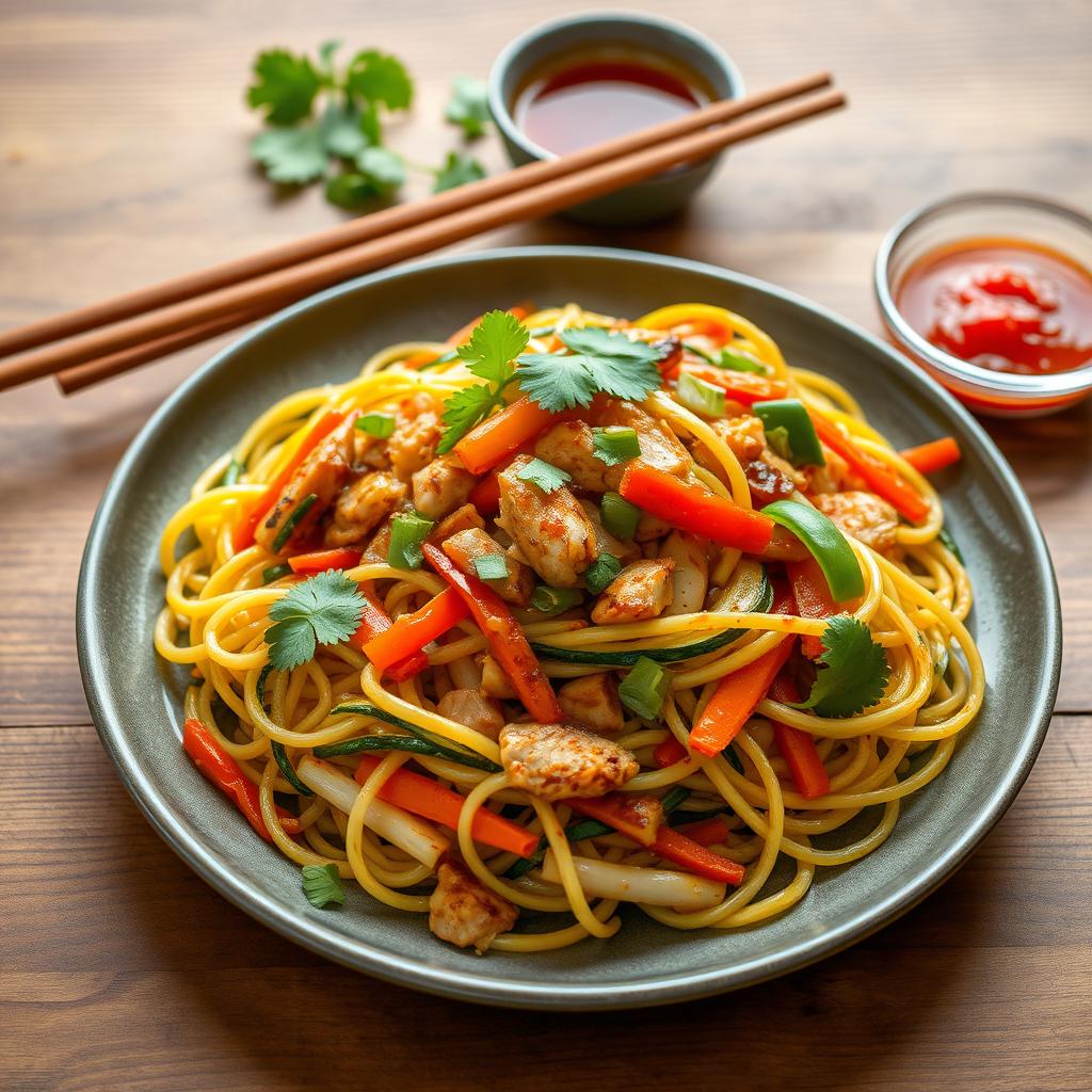 A vibrant and appetizing dish of Mei Goreng Zoodles featuring finely minced chicken