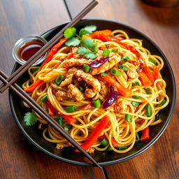 A vibrant and appetizing dish of Mei Goreng Zoodles featuring finely minced chicken