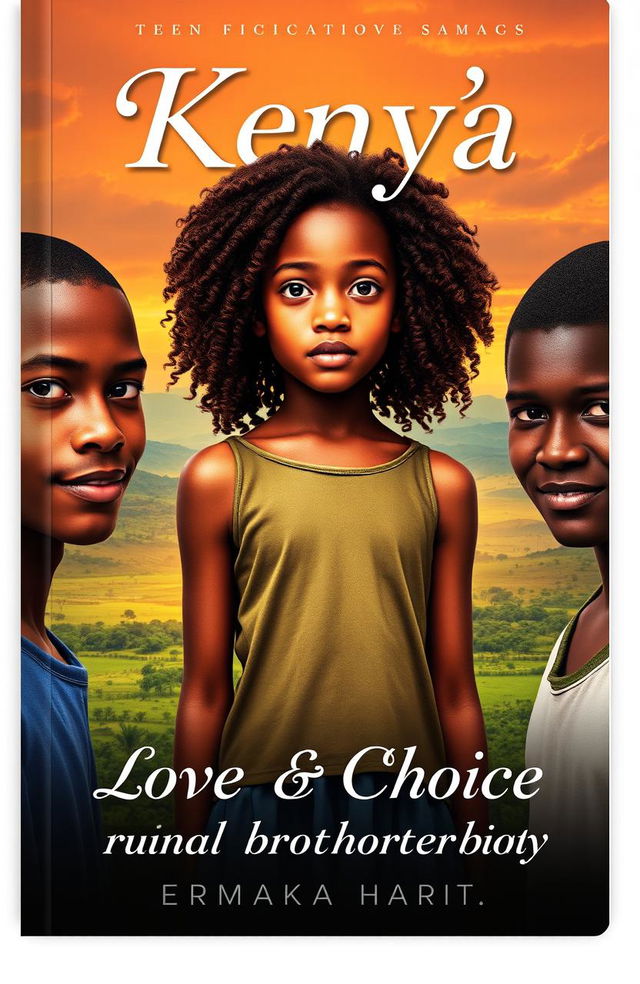 A captivating cover for a teen fictional novel featuring a young black girl from Kenya standing at the center