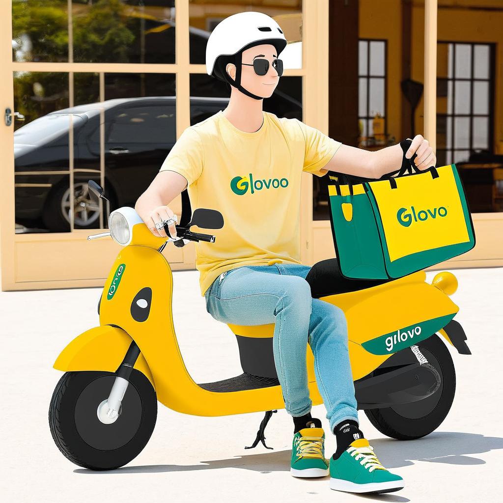 A motorcyclist guy with Glovo logo bag