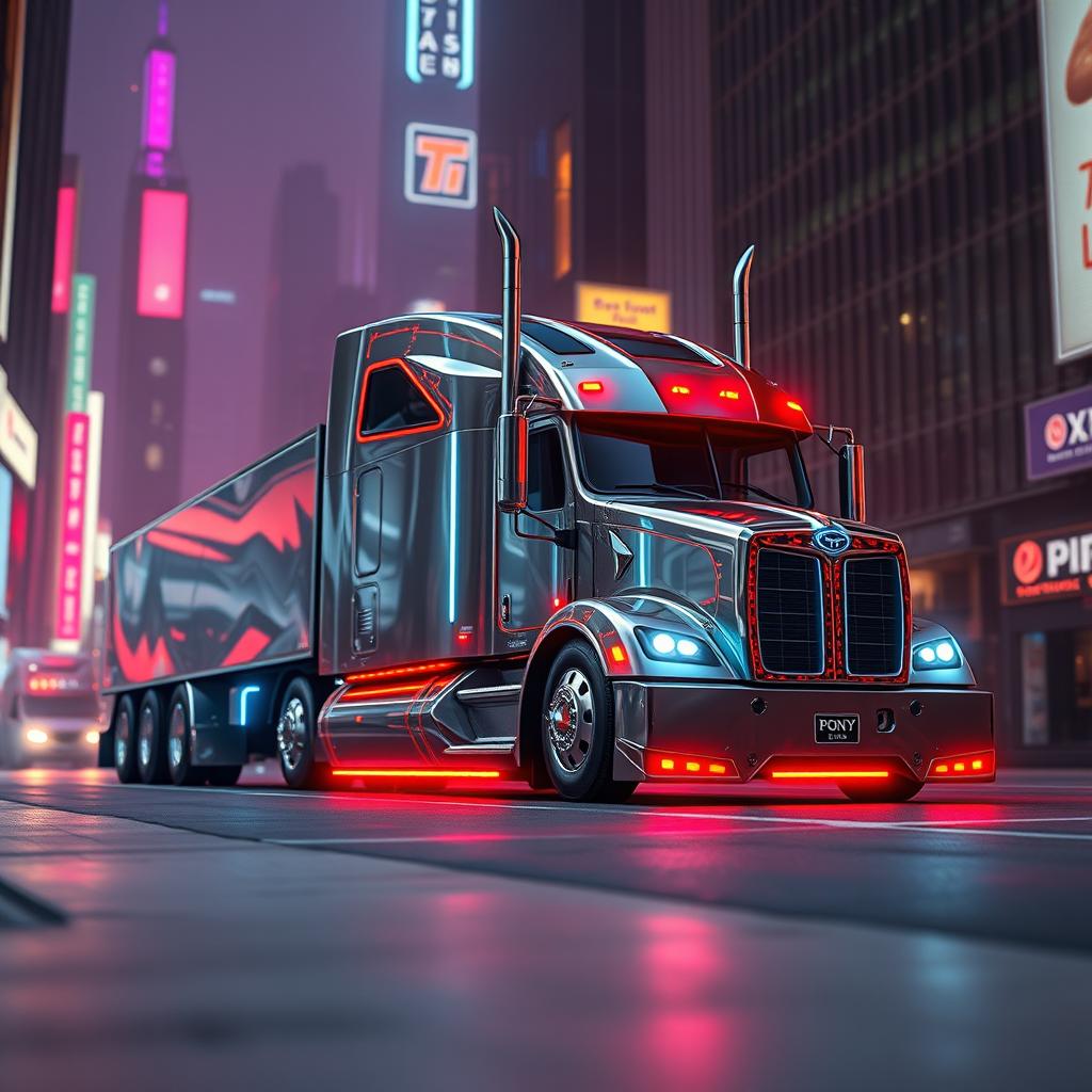 A futuristic longnose semi truck with a sleek, cyberpunk design, characterized by sharp lines and vivid neon lighting