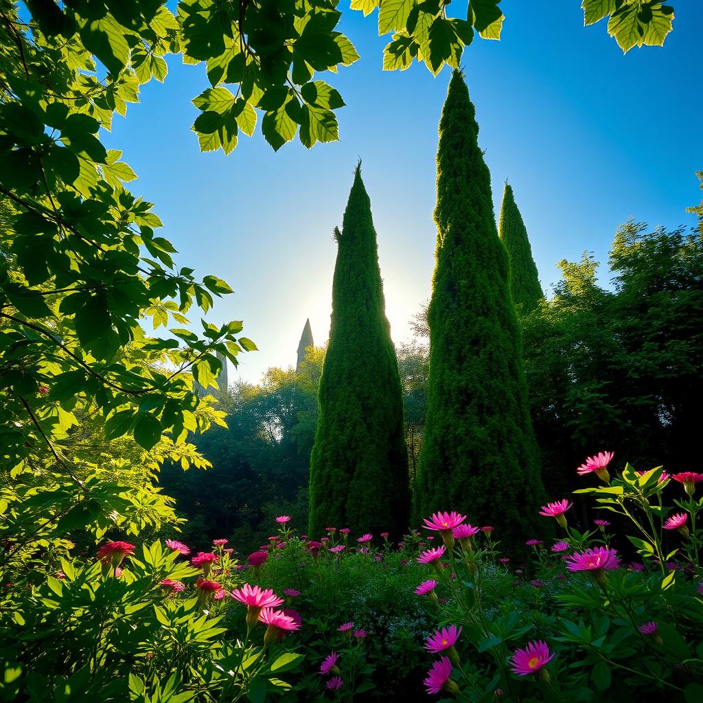 A serene and picturesque landscape featuring emerald green groves illuminated by sunlight