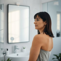 A middle-aged woman with dark, straight hair, standing in a modern bathroom filled with light