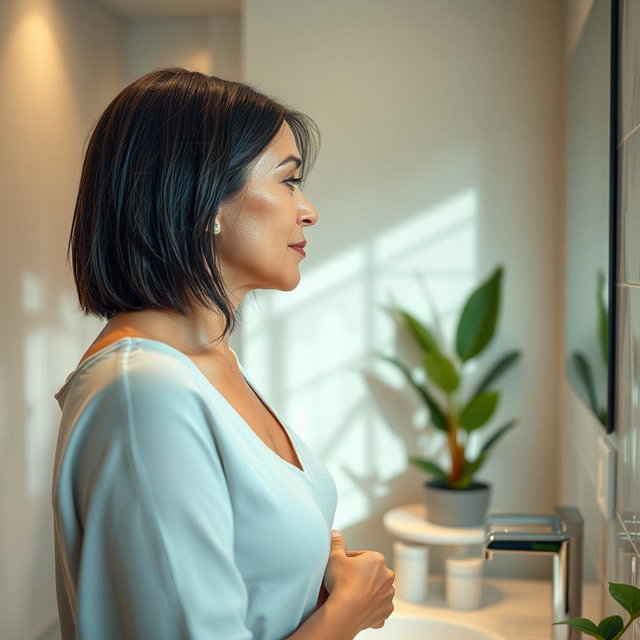 A middle-aged woman with dark, straight hair, standing in a modern bathroom filled with light