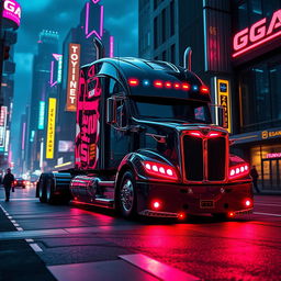 A futuristic longnose semi truck portrayed in a captivating cyberpunk style, featuring sleek lines, intricate details, and vibrant neon highlights