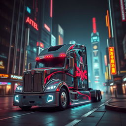 A futuristic longnose semi truck portrayed in a captivating cyberpunk style, featuring sleek lines, intricate details, and vibrant neon highlights