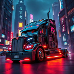 A futuristic longnose semi truck portrayed in a captivating cyberpunk style, featuring sleek lines, intricate details, and vibrant neon highlights