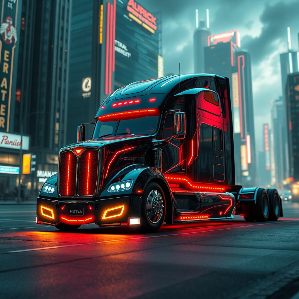 A futuristic longnose semi truck portrayed in a captivating cyberpunk style, featuring sleek lines, intricate details, and vibrant neon highlights