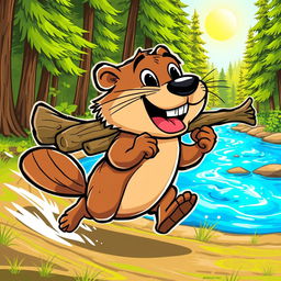 A dynamic illustration of a quick, cartoon-style beaver with exaggerated speedy features, such as motion lines and a blurred tail, zipping through a lush forest